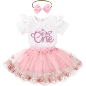 imageNewborn Baby Girls My 1st Birthday Dress Infant Shiny Printed Sequin Bowknot Tutu Princess DressPink Butterfly
