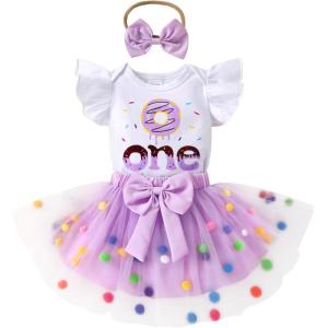 imageYOUNGER TREE Baby Girl 1st Birthday Outfits One Year Old Clothes Romper Tutu Cake Smash Skirt with Headband Baby Girl GiftsChocolate Doughnut One