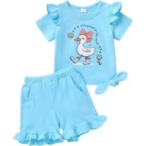 imageYOUNGER TREE Baby Girl Clothes Cartoon TShirt Shorts Set Toddler Summer OutfitsBlue Goose