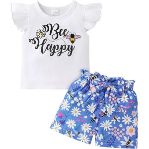 imageYOUNGER TREE Toddler Baby Girl Clothes Ruffle Short Sleeves TShirt Tops and Shorts Set Cute Summer OutfitsBlue Bee