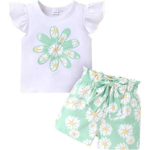 imageYOUNGER TREE Toddler Baby Girl Clothes Ruffle Short Sleeves TShirt Tops and Shorts Set Cute Summer OutfitsGreen Chrysanthemum