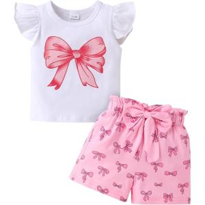 imageYOUNGER TREE Toddler Baby Girl Clothes Ruffle Short Sleeves TShirt Tops and Shorts Set Cute Summer OutfitsPink Bow