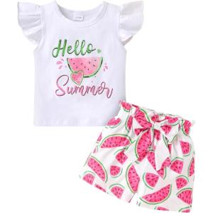 imageYOUNGER TREE Toddler Baby Girl Clothes Ruffle Short Sleeves TShirt Tops and Shorts Set Cute Summer OutfitsPink Watermelon