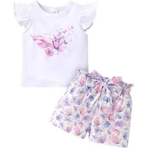 imageYOUNGER TREE Toddler Baby Girl Clothes Ruffle Short Sleeves TShirt Tops and Shorts Set Cute Summer OutfitsPurple Butterfly