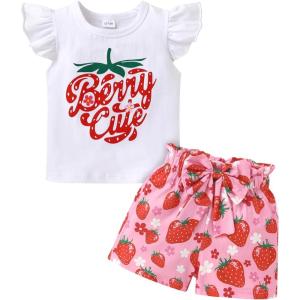 imageYOUNGER TREE Toddler Baby Girl Clothes Ruffle Short Sleeves TShirt Tops and Shorts Set Cute Summer OutfitsRed Strawberry