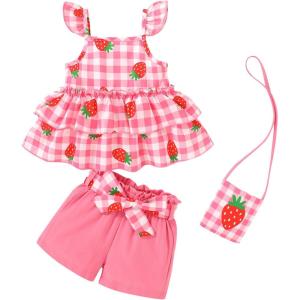 imageYOUNGER TREE Toddler Baby Girl Clothes Ruffle Sleeveless Strap Dress Tank Shorts Set Summer Outfits With BagCheck and Strawberry