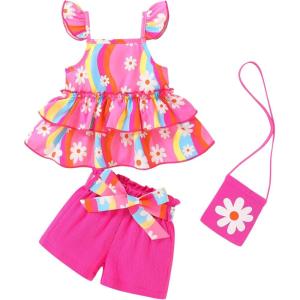 imageYOUNGER TREE Toddler Baby Girl Clothes Ruffle Sleeveless Strap Dress Tank Shorts Set Summer Outfits With BagColorful Flowers