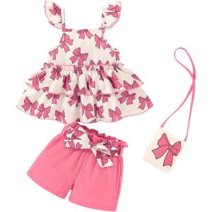 imageYOUNGER TREE Toddler Baby Girl Clothes Ruffle Sleeveless Strap Dress Tank Shorts Set Summer Outfits With BagPink Butterfly Bow