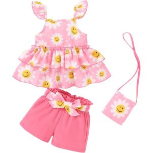 imageYOUNGER TREE Toddler Baby Girl Clothes Ruffle Sleeveless Strap Dress Tank Shorts Set Summer Outfits With BagPink Smile Face Flower