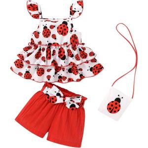 imageYOUNGER TREE Toddler Baby Girl Clothes Ruffle Sleeveless Strap Dress Tank Shorts Set Summer Outfits With BagRed Ladybug