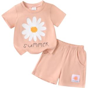 imageYOUNGER TREE Toddler Baby Girl Clothes Watermelon Summer Outfits Kids Sleeve TShirt Tops Shorts SetsPink Daisy