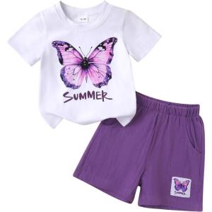 imageYOUNGER TREE Toddler Baby Girl Clothes Watermelon Summer Outfits Kids Sleeve TShirt Tops Shorts SetsPurple Butterfly