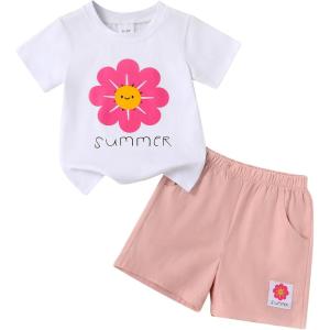 imageYOUNGER TREE Toddler Baby Girl Clothes Watermelon Summer Outfits Kids Sleeve TShirt Tops Shorts SetsSmiley Face Flower