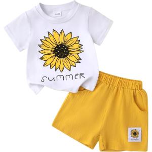 imageYOUNGER TREE Toddler Baby Girl Clothes Watermelon Summer Outfits Kids Sleeve TShirt Tops Shorts SetsSunflower and Summer