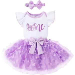 imageYOUNGER TREE Baby Girls 1st Birthday Outfit ONE Romper Tulle Tutu Skirt with Headband Sets Baby First Princess DressButterfly One