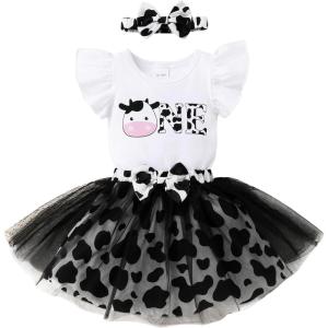 imageYOUNGER TREE Baby Girls 1st Birthday Outfit ONE Romper Tulle Tutu Skirt with Headband Sets Baby First Princess DressCow