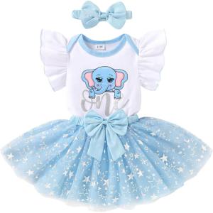 imageYOUNGER TREE Baby Girls 1st Birthday Outfit ONE Romper Tulle Tutu Skirt with Headband Sets Baby First Princess DressElephant