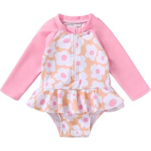 imageYOUNGER TREE Baby Swimsuit Girl Long Sleeve Ruffle Zipper Rash Guard Infant One Piece Swimwear Toddler Bathing Suit GirlEgg Yellow Patchwork Flower