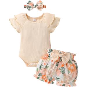 imageYOUNGER TREE Newborn Infant Baby Girl Clothes Romper Shorts Set Floral Summer Outfits Cute Baby Girl ClothingApricot Romper and Flower Shorts