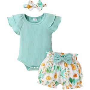 imageYOUNGER TREE Newborn Infant Baby Girl Clothes Romper Shorts Set Floral Summer Outfits Cute Baby Girl ClothingMint Green Romper and Flower Shorts