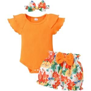 imageYOUNGER TREE Newborn Infant Baby Girl Clothes Romper Shorts Set Floral Summer Outfits Cute Baby Girl ClothingOrange Romper and Flower Shorts