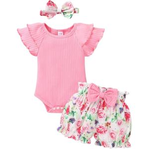 imageYOUNGER TREE Newborn Infant Baby Girl Clothes Romper Shorts Set Floral Summer Outfits Cute Baby Girl ClothingPink Romper and Rose Shorts