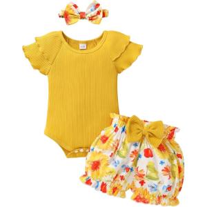 imageYOUNGER TREE Newborn Infant Baby Girl Clothes Romper Shorts Set Floral Summer Outfits Cute Baby Girl ClothingYellow Romper and Mum Shorts