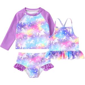 imageYOUNGER TREE Toddler Baby Girl Rashguard Sets Long Sleeve Swimsuit Vest Bikini Swim Suits 3Pieces Bathing SuitsNeon Horse