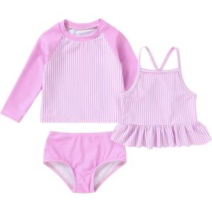 imageYOUNGER TREE Toddler Baby Girl Rashguard Sets Long Sleeve Swimsuit Vest Bikini Swim Suits 3Pieces Bathing SuitsPink Stripes