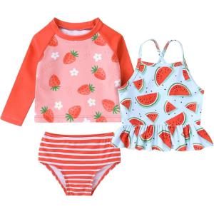 imageYOUNGER TREE Toddler Baby Girl Rashguard Sets Long Sleeve Swimsuit Vest Bikini Swim Suits 3Pieces Bathing SuitsStrawberry and Watermelon