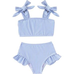 imageYOUNGER TREE Toddler Baby Girls Swimsuit Two Piece Solid Color Stripe Swimwear Summer Beach Bikini Bathing SuitBlue Stripe
