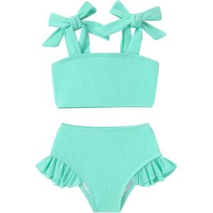 imageYOUNGER TREE Toddler Baby Girls Swimsuit Two Piece Solid Color Stripe Swimwear Summer Beach Bikini Bathing SuitBright Blue