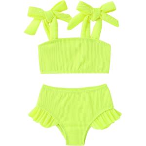 imageYOUNGER TREE Toddler Baby Girls Swimsuit Two Piece Solid Color Stripe Swimwear Summer Beach Bikini Bathing SuitFluorescent Green