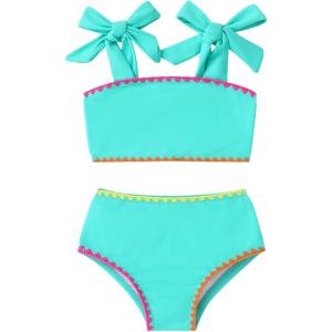 imageYOUNGER TREE Toddler Baby Girls Swimsuit Two Piece Solid Color Stripe Swimwear Summer Beach Bikini Bathing SuitGreenblue
