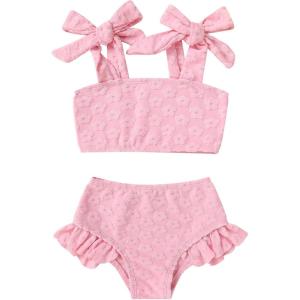 imageYOUNGER TREE Toddler Baby Girls Swimsuit Two Piece Solid Color Stripe Swimwear Summer Beach Bikini Bathing SuitPink Flower