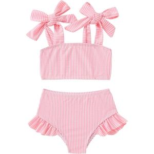 imageYOUNGER TREE Toddler Baby Girls Swimsuit Two Piece Solid Color Stripe Swimwear Summer Beach Bikini Bathing SuitPink Stripe