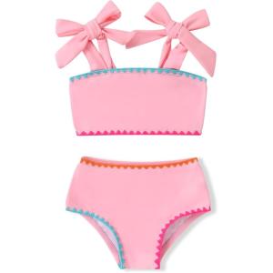 imageYOUNGER TREE Toddler Baby Girls Swimsuit Two Piece Solid Color Stripe Swimwear Summer Beach Bikini Bathing SuitPink2