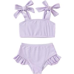 imageYOUNGER TREE Toddler Baby Girls Swimsuit Two Piece Solid Color Stripe Swimwear Summer Beach Bikini Bathing SuitPurple Stripe