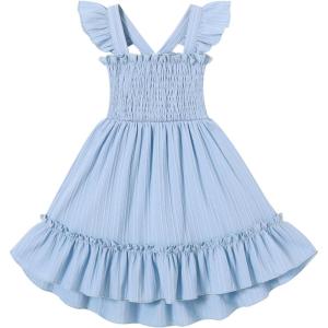 imageYOUNGER TREE Toddler Dress Girls Summer Ruffle Sleeveless Smocked Dresses Kids Beach Casual SundressBlue