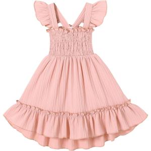 imageYOUNGER TREE Toddler Dress Girls Summer Ruffle Sleeveless Smocked Dresses Kids Beach Casual SundressPink