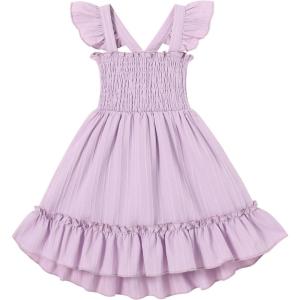 imageYOUNGER TREE Toddler Dress Girls Summer Ruffle Sleeveless Smocked Dresses Kids Beach Casual SundressPurple