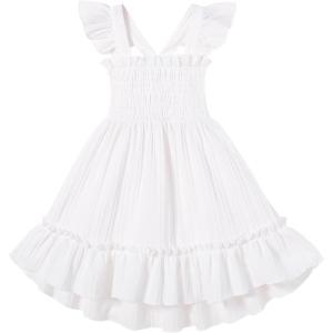 imageYOUNGER TREE Toddler Dress Girls Summer Ruffle Sleeveless Smocked Dresses Kids Beach Casual SundressWhite