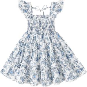 imageYOUNGER TREE Toddler Girl Dress Baby Girls Summer Clothes Ruffle Sleeve Floral Smock Beach Boho Dresses SundressBlue Flower Dress