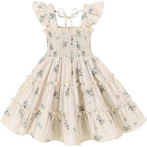 imageYOUNGER TREE Toddler Girl Dress Baby Girls Summer Clothes Ruffle Sleeve Floral Smock Beach Boho Dresses SundressKhaki Plaid
