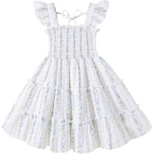 imageYOUNGER TREE Toddler Girl Dress Baby Girls Summer Clothes Ruffle Sleeve Floral Smock Beach Boho Dresses SundressWhite Dress Light Blue Floral