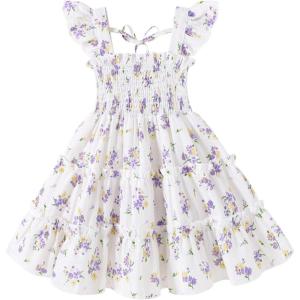 imageYOUNGER TREE Toddler Girl Dress Baby Girls Summer Clothes Ruffle Sleeve Floral Smock Beach Boho Dresses SundressWhite Dress Purple Floral