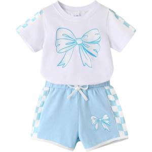 imageYOUNGER TREE Toddler Infant Baby Girls Summer Outfits Leopard Print Short Sleeve Pocket TShirt Tops Pants Clothes SetsBlue Bowknot