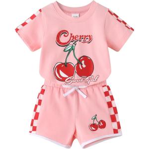 imageYOUNGER TREE Toddler Infant Baby Girls Summer Outfits Leopard Print Short Sleeve Pocket TShirt Tops Pants Clothes SetsCherry