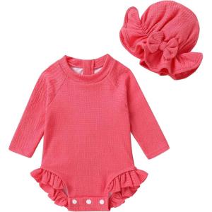 imageYOUNGER TREE Infant Baby Girls Swimsuit Long Sleeve Swimsuits One Piece Swimsuit Solid Color Bathing Suit with Hat UPF 50Deep Pink