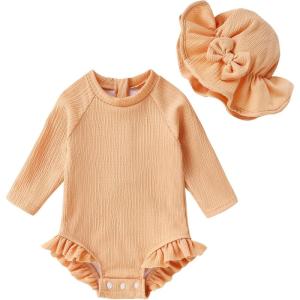 imageYOUNGER TREE Infant Baby Girls Swimsuit Long Sleeve Swimsuits One Piece Swimsuit Solid Color Bathing Suit with Hat UPF 50Light Orange